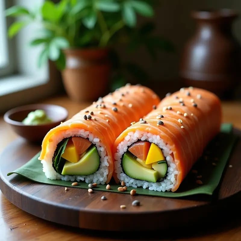 Sushi burrito gigante japonés-mexicano relleno de aguacate, salmón fresco, mango y pepino, envuelto en alga nori tostada y cortado por la mitad sobre una tabla de madera. Receta alta en omega-3 y proteína.