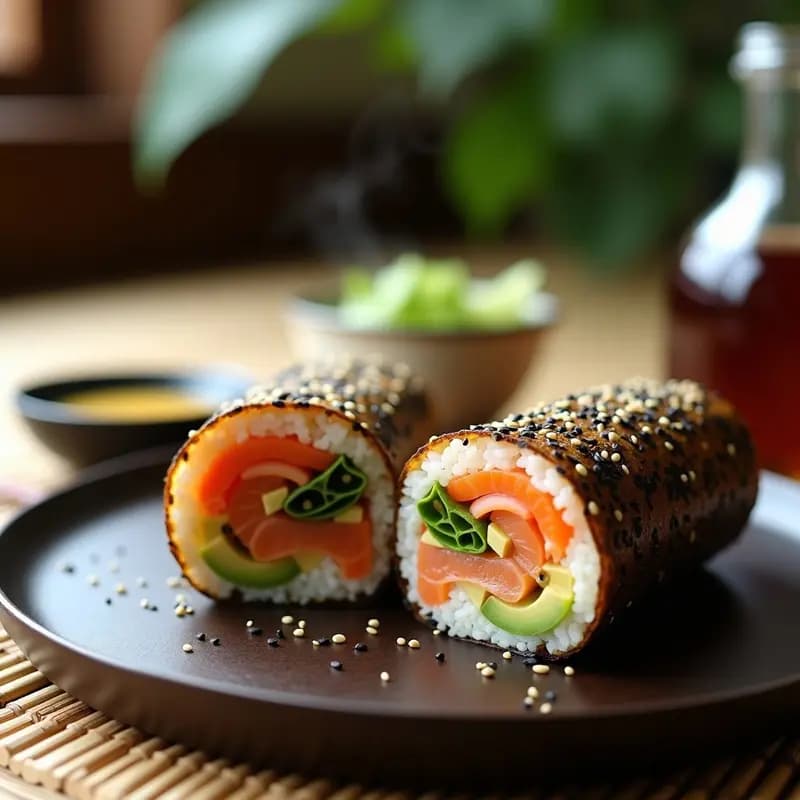 Sushi burrito de aguacate y salmón ahumado cortado por la mitad, mostrando capas de arroz vinagrado, láminas de salmón rosa, aguacate cremoso, pepino y zanahoria, envuelto en alga nori tostada con semillas de sésamo negro, servido sobre una tabla de madera con vinagreta de jengibre al lado.