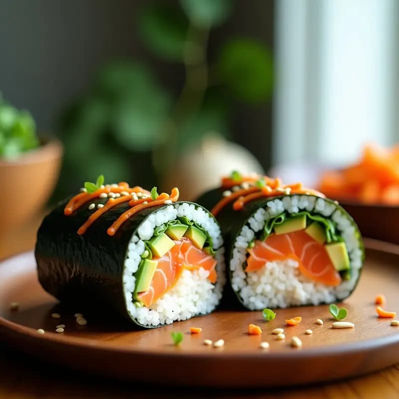 Sushi burrito japonés cortado por la mitad, mostrando capas de arroz avinagrado, salmón fresco rosado, aguacate cremoso, pepino y zanahoria rallada, envuelto en alga nori negra. Decorado con sésamo tostado y ciboulette, servido sobre una tabla de madera con salsa de soja y jengibre en escabeche al lado. Receta de fusión moderna en 15 minutos.