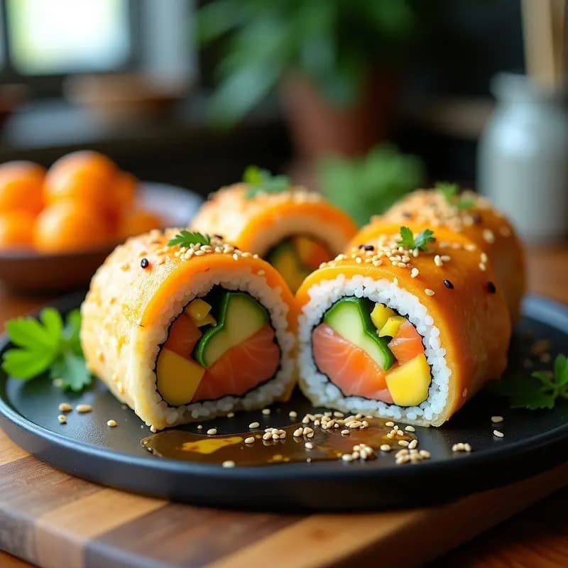 Sushi Burrito XXL cortado por la mitad sobre tabla de madera oscura, mostrando capas de arroz avinagrado, salmón rosado marinado, aguacate cremoso, mango amarillo y lechuga morada, espolvoreado con semillas de sésamo negro y blanco. Acompañado de salsa de soja y jengibre en escabeche en cuencos pequeños.