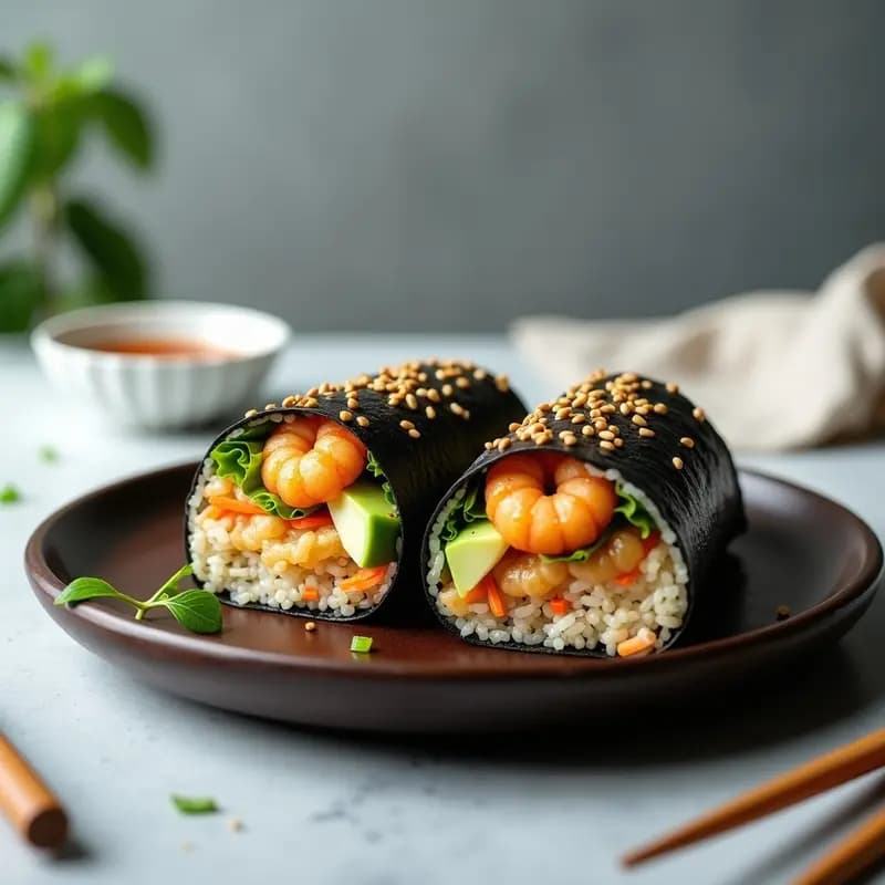 Sushi burrito de aguacate y tempura de camarones cortado por la mitad, mostrando capas de arroz avinagrado, camarones crujientes dorados, aguacate cremoso y vegetales frescos, envuelto en alga nori y espolvoreado con semillas de sésamo, sobre un plato de madera con salsa teriyaki al lado.