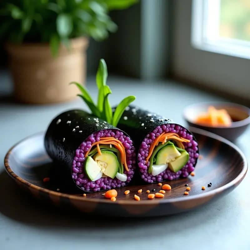 Sushi burrito con arroz morado y aguacate cortado por la mitad, mostrando capas de aguacate cremoso, tofu dorado, pepino y zanahoria morada, envuelto en alga nori y espolvoreado con semillas de sésamo negro, servido sobre un plato de madera oscuro con fondo minimalista.