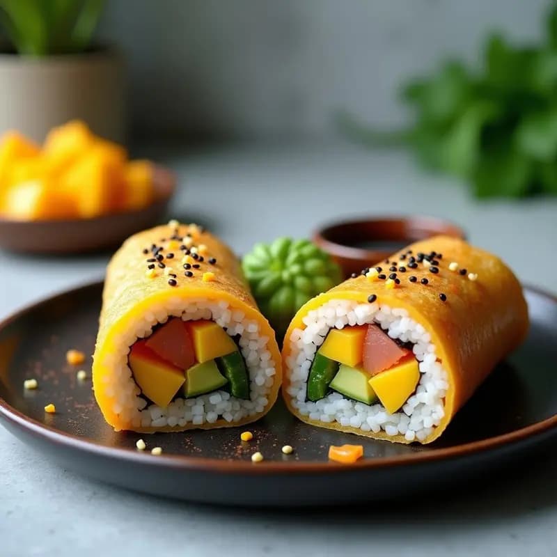 Sushi burrito japonés cortado por la mitad, mostrando capas de arroz blanco sazonado, láminas de aguacate verde, cubos de mango amarillo y hongos shiitake dorados, espolvoreado con semillas de sésamo negro y cebollino picado, sobre una esterilla de bambú.