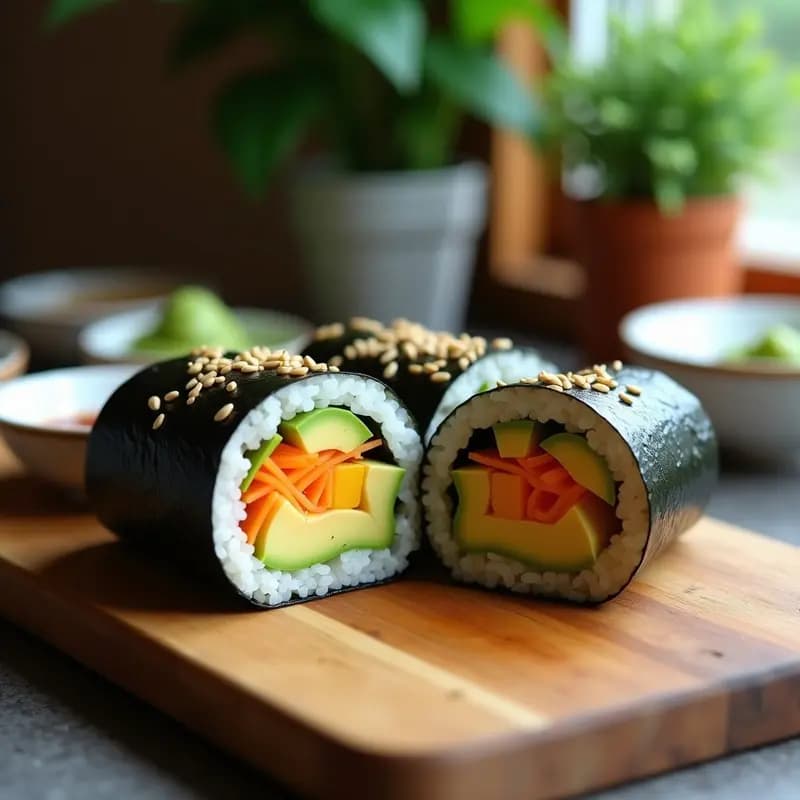Sushi burrito japonés fusion con aguacate y manga en wrap de algas nori, cortado por la mitad mostrando capas de arroz, aguacate cremoso, manga dorada, zanahoria rallada y semillas de sésamo, servido sobre tabla de madera con salsa de soja y wasabi.