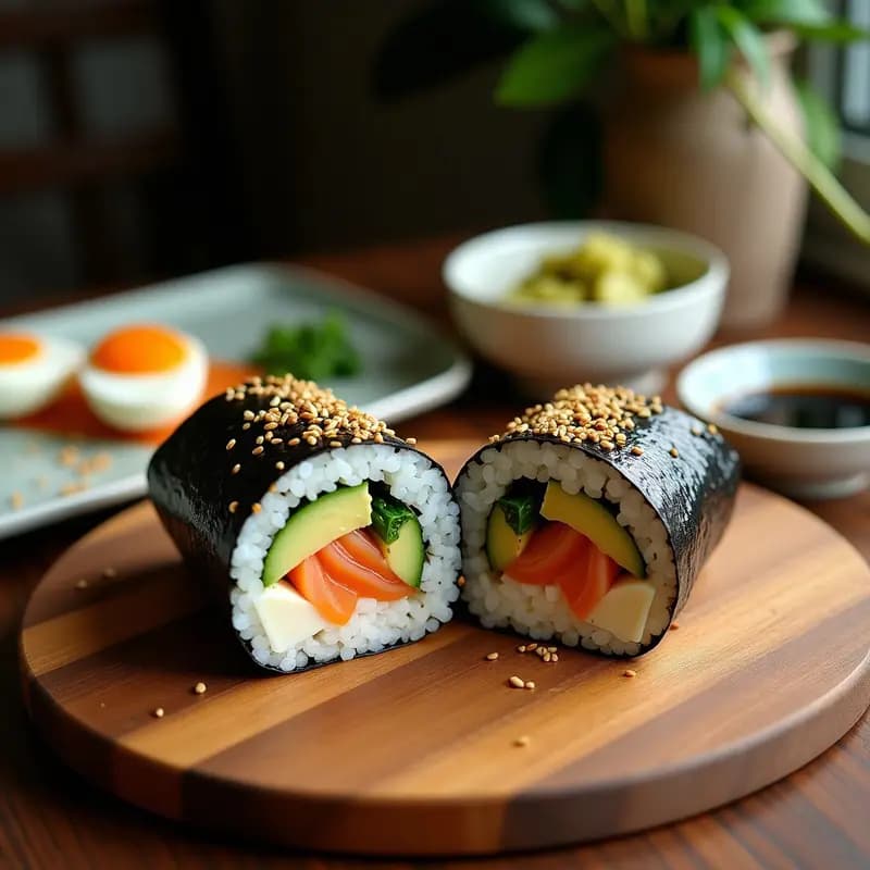 Sushi burrito japonés con trufa negra cortado por la mitad, mostrando capas de arroz sazonado, salmón ahumado, aguacate, hongos shiitake y trufa negra en láminas, decorado con semillas de sésamo negro y cebollino, sobre un plato de madera con fondo oscuro.