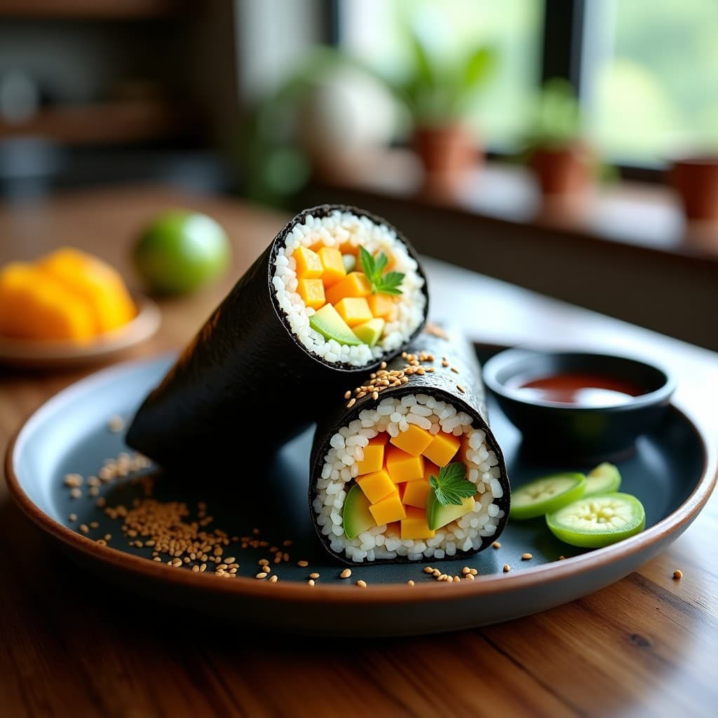 Sushi burrito fusion japonés-mexicano cortado por la mitad, mostrando capas de arroz para sushi, mango en cubos, aguacate en tiras, queso crema vegano y alga nori desmenuzada, envuelto en tortilla de arroz negro y espolvoreado con semillas de sésamo tostado. Acompañado de salsa de soja y jalapeños frescos sobre un plato de madera oscura.