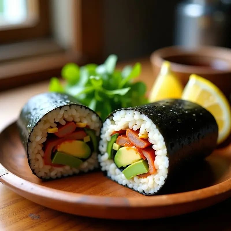 Sushi burrito mexicano cortado por la mitad, mostrando capas de arroz blanco, aguacate verde, carne adobada rojiza y queso Oaxaca derretido, envuelto en alga nori oscura. Acompañado de salsa de soja y rodajas de limón sobre un plato de madera rústico.