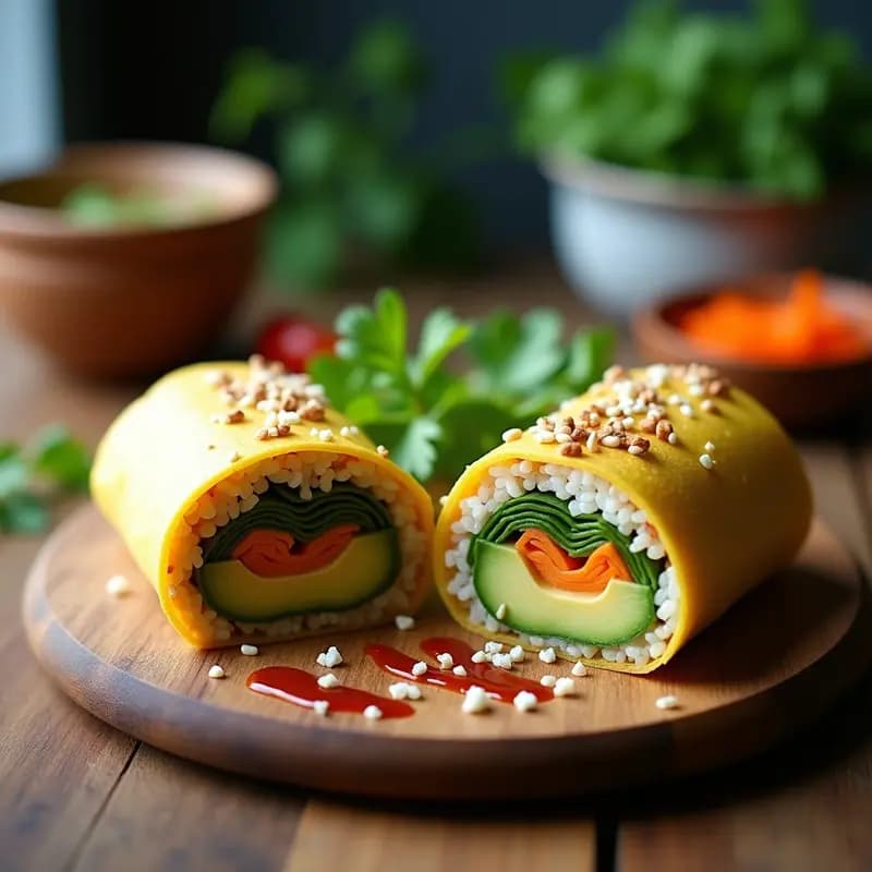 Sushi Burrito Mexicano con arroz de cilantro y aguacate en tortilla de maíz, cortado por la mitad para mostrar el relleno colorido de aguacate, pepino, zanahoria y queso fresco, espolvoreado con semillas de sésamo y acompañado de salsa chipotle.