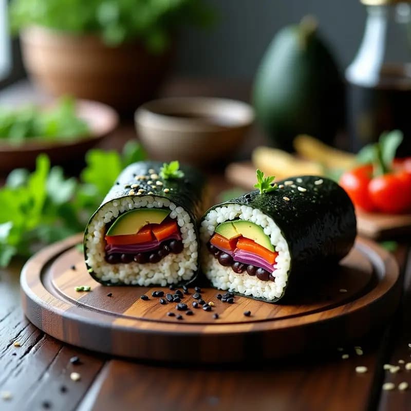 Sushi Burrito Mexicano-Japonés con aguacate y frijoles negros cortado por la mitad, mostrando capas de arroz de sushi, frijoles negros refritos, guacamole cremoso con semillas de sésamo y jitomate en cubos, envuelto en alga nori y servido sobre un plato de madera oscura con fondo de ingredientes frescos.