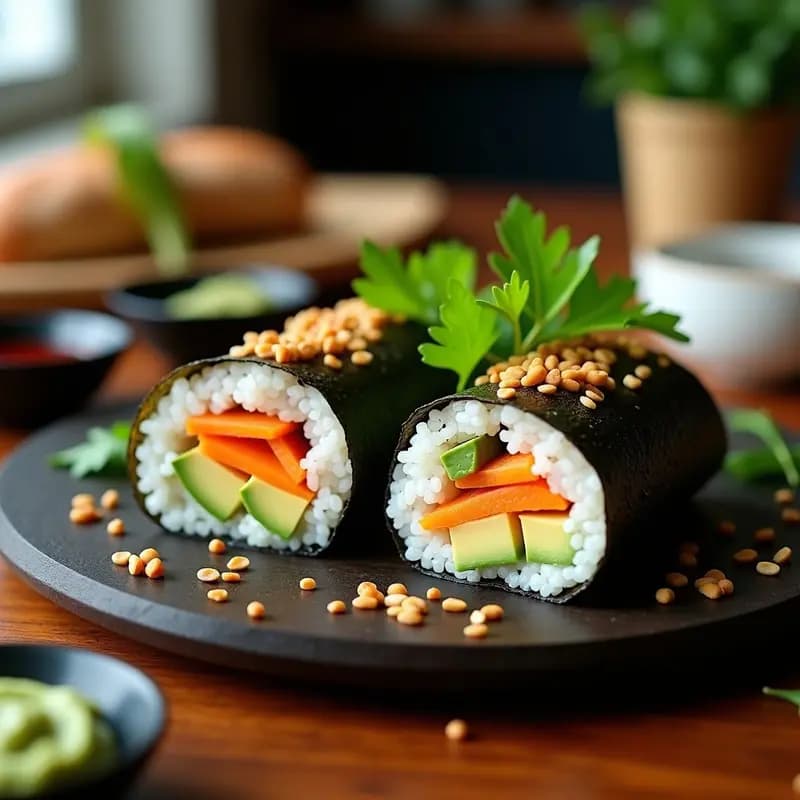Sushi burrito vegano en Airfryer cortado por la mitad, mostrando capas de arroz sushi, aguacate cremoso, zanahoria morada marinada y pimiento rojo asado, con semillas de sésamo negro por encima y fondo de madera rústica.