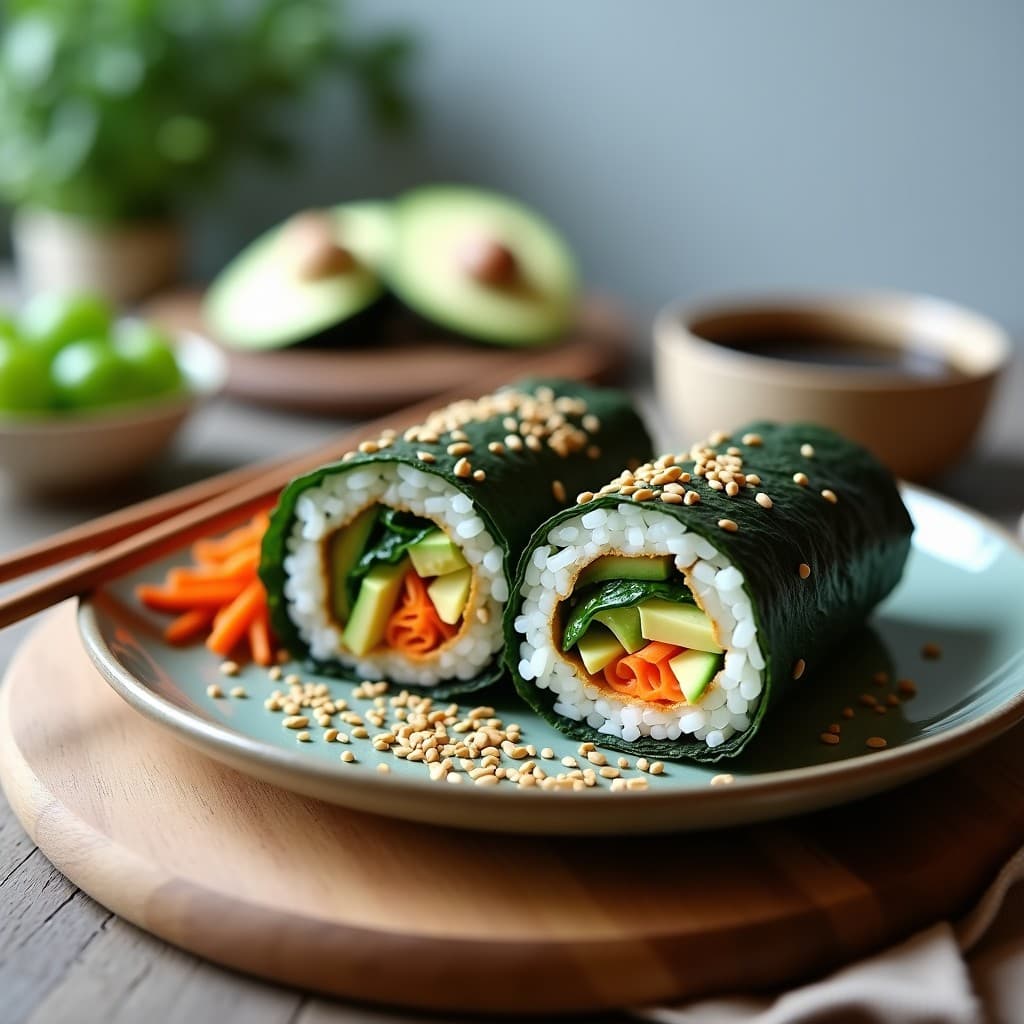 Sushi burrito vegano cortado por la mitad sobre una tabla de madera, mostrando capas de arroz sazonado, mangold verde brillante, zanahoria naranja, pepino verde y aguacate cremoso, espolvoreado con semillas de sésamo negro y blanco. Receta alta en fibra para tupper.