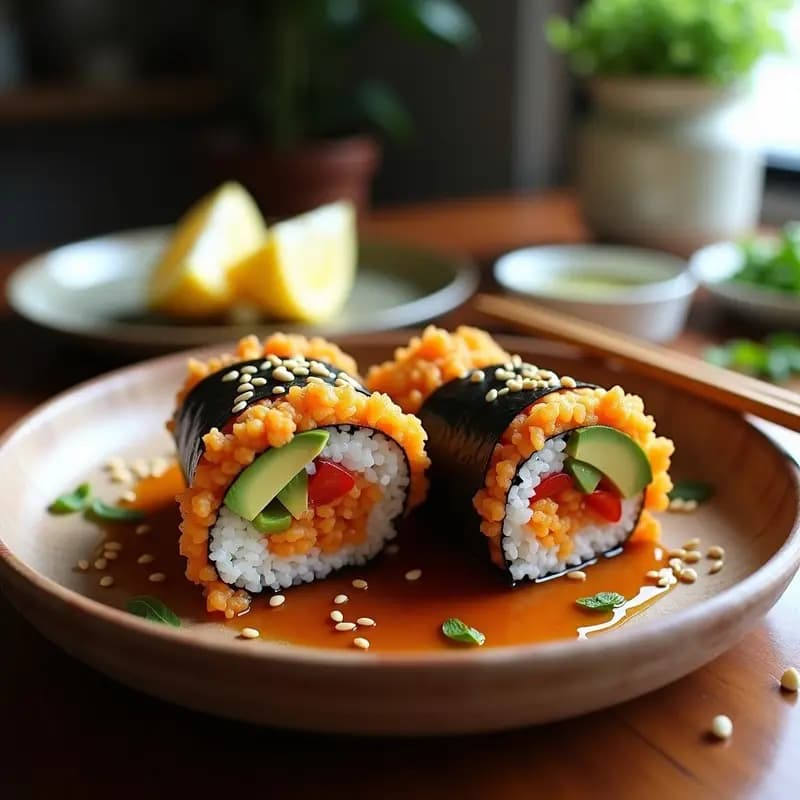 Sushi burrito vegano cortado por la mitad, mostrando su relleno de arroz avinagrado, tempura de camote dorada, tofu marinado, aguacate cremoso, cebolla morada y pimiento rojo, bañado en salsa teriyaki casera y espolvoreado con sésamo tostado. Presentado sobre un plato de madera con palillos y rodajas de limón.