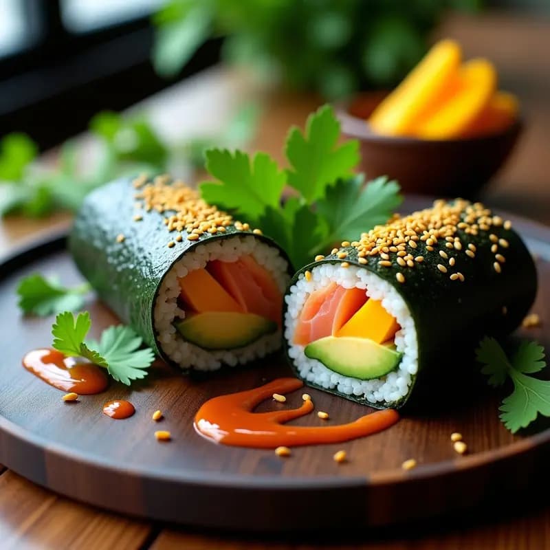 Sushi burrrito fusion japonés-mexicano cortado por la mitad, relleno de salmón fresco rosado, aguacate cremoso y mango amarillo, envuelto en alga nori y cubierto de semillas de sésamo tostado. Acompañado de aderezo de tamarindo y chile, sobre fondo de madera oscura con hojas de cilantro.