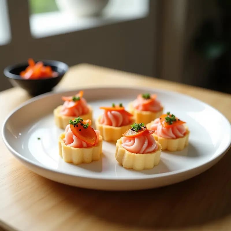 Plato blanco con sushi de inari relleno de arroz de camu camu de color rosado pálido, decorado con tiras de pimiento rojo asado, cebollino y semillas de sésamo negro. Acompañado de jengibre encurtido y salsa de soja en un recipiente pequeño.