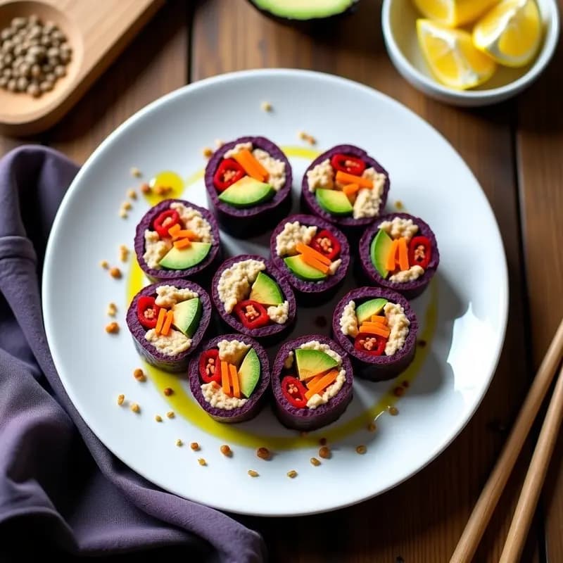 Plato blanco con rollos de sushi de maíz morado cortados en porciones, rellenos de hummus cremoso, palta verde y zanahoria naranja, decorados con semillas de sésamo y pimiento rojo. Receta peruana sin pescado, vibrante y saludable.