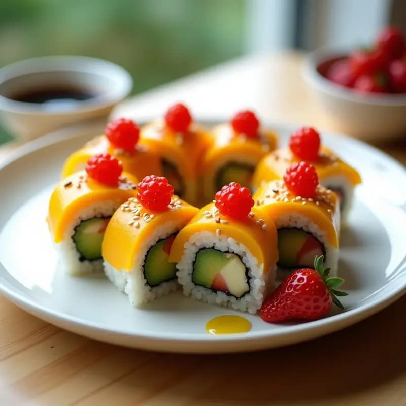 Plato de sushi de mango y aguacate con caviar de fresa, rollos perfectamente cortados con relleno visible, decorados con esferas rojas de caviar de fresa y semillas de sésamo, servido en una bandeja de madera con salsa de soja y jengibre al lado.