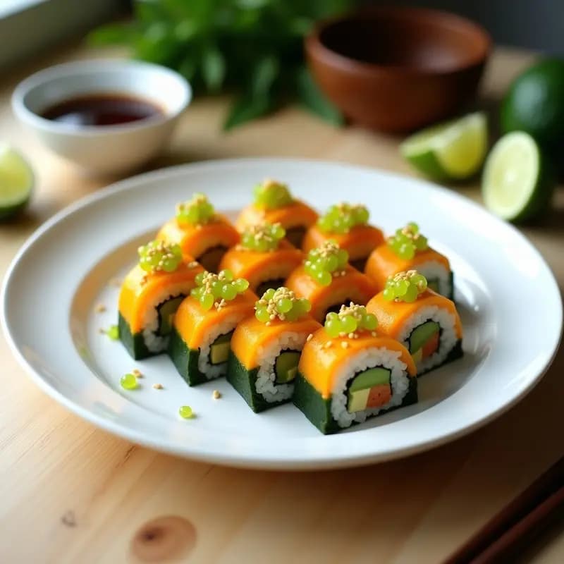 Plato blanco con rollos de sushi peruan-japonés de mango y aguacate, cortados en porciones, decorados con caviar de lima verde y semillas de sésamo tostadas. Acompañados de salsa de soja y rodajas de lima.