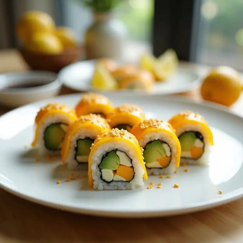 Plato blanco con rollos de sushi de mango y aguacate con queso cremoso cortados en porciones, mostrando el relleno colorido. Decorado con semillas de sésamo y salsa de soja al lado.