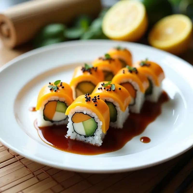 Plato blanco con sushi de mango y aguacate cortado en porciones, bañado con salsa de soja reducida oscura y decorado con semillas de sésamo negro. Fondo minimalista con hoja de alga nori y rodajas de limón.