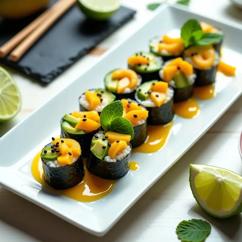 Plato blanco rectangular con 6 piezas de sushi de mango y aguacate sin alga nori, enrolladas en hojas de lechuga romana, bañadas en vinagreta de lima y decoradas con semillas de sésamo negro, cilantro fresco y tiras de mango. Fondo de madera clara con limones cortados y brotes de cilantro.