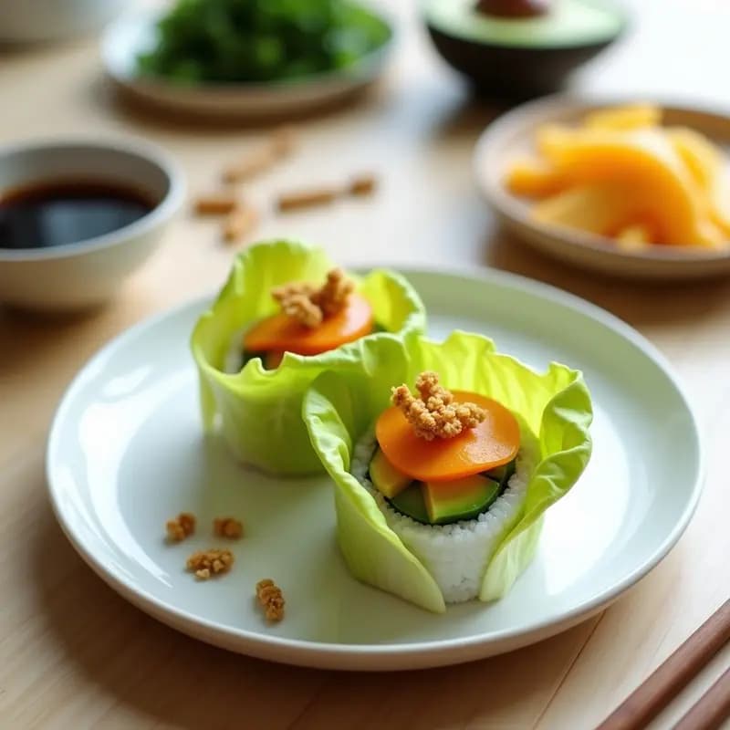 Plato rectangular de cerámica negra con 8 piezas de sushi vegano de mango y aguacate con crunch de wasabi, decorado con semillas de sésamo negro y salsa de soja. Fondos de algas nori y jengibre encurtido al lado.