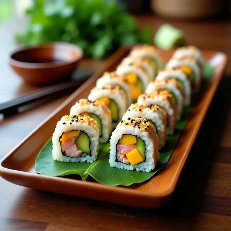 Plato blanco rectangular con 6 rollos de sushi de mango y cangrejo sin gluten cortados en porciones, mostrando capas de arroz blanco, cangrejo desmenuzado, mango naranja y aguacate verde. Acompañado de salsa de soja sin gluten en un cuenco pequeño, semillas de sésamo espolvoreadas y rodajas de jengibre encurtido. Fondo minimalista con toques de cilantro fresco.