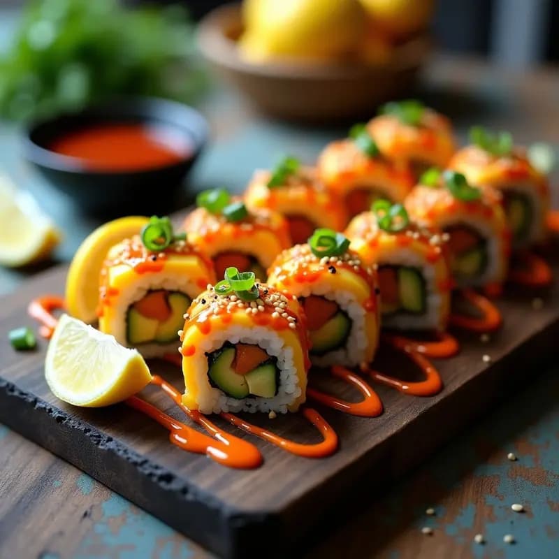 Plato de sushi fusion japonés-mexicano con rollos de mango, cangrejo y aguacate, bañados en salsa sriracha cremosa, decorados con semillas de sésamo y cebollino, sobre una tabla de madera oscura.