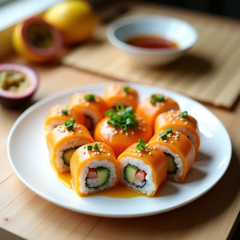 Plato blanco rectangular con 6 porciones de sushi de mango y langostino con salsa de maracuyá, decorado con semillas de sésamo y cebollino, sobre fondo de madera oscura con palillos y salsa adicional en cuenco pequeño.