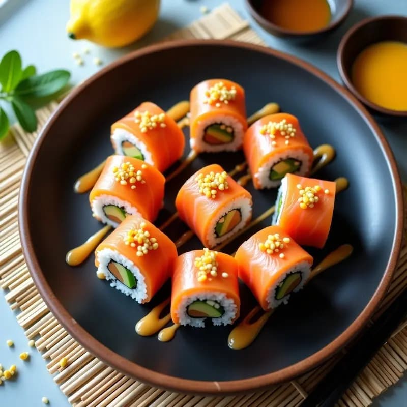 Plato blanco rectangular con rollos de sushi de mango y salmón ahumado cortados en piezas, bañados con aderezo dorado de limón y miel, decorados con semillas de sésamo y gajos de limón, sobre fondo de madera clara.