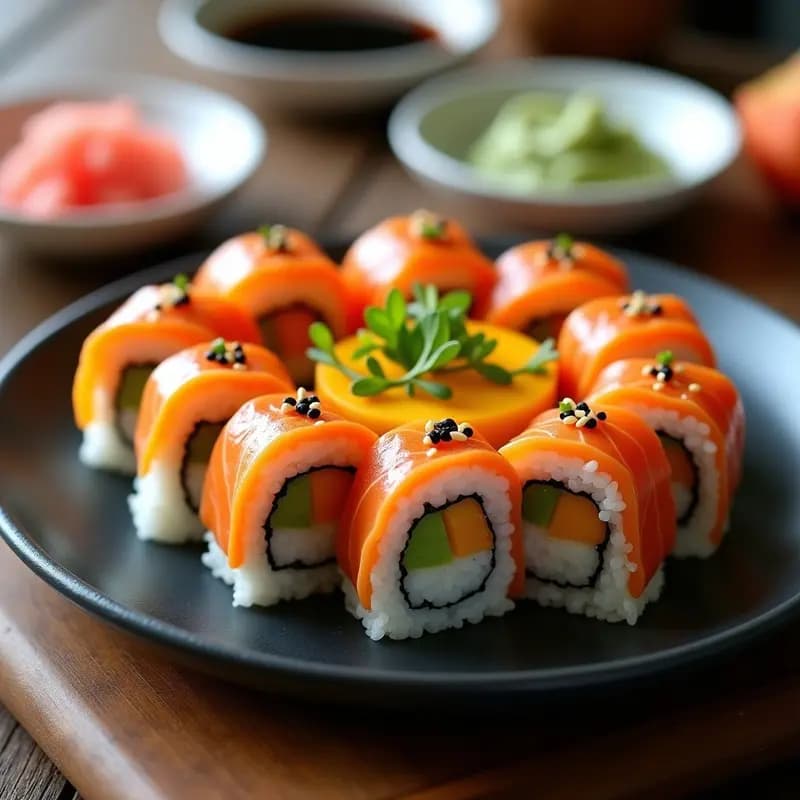 Plato blanco con sushi de mango y salmón ahumado cortado en porciones, mostrando capas de arroz basmati, mango maduro en tiras y salmón ahumado, acompañado de salsa de soja y semillas de sésamo negro, receta japonesa fresca para principiantes.