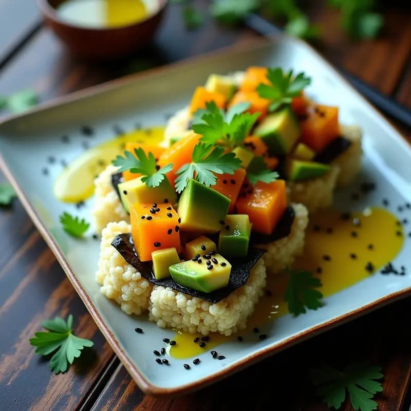 Plato de sushi vegano tailandés con rolls de mangostán y aguacate, cortados en porciones y bañados en vinagreta de limón kaffir, decorados con semillas de sésamo y servidos sobre hoja de alga nori.