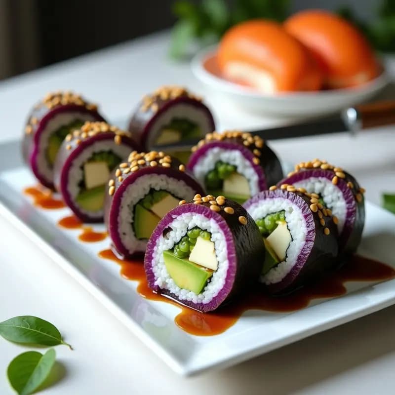 Plato blanco rectangular con 6 pieces de sushi de mangostán y queso de cabra cortados en espiral, bañados en reducción de vinagre balsámico brillante, decorados con sésamo tostado y rodajas de mangostán. Fondo minimalista con hoja de alga nori y cuchillo de sushi.