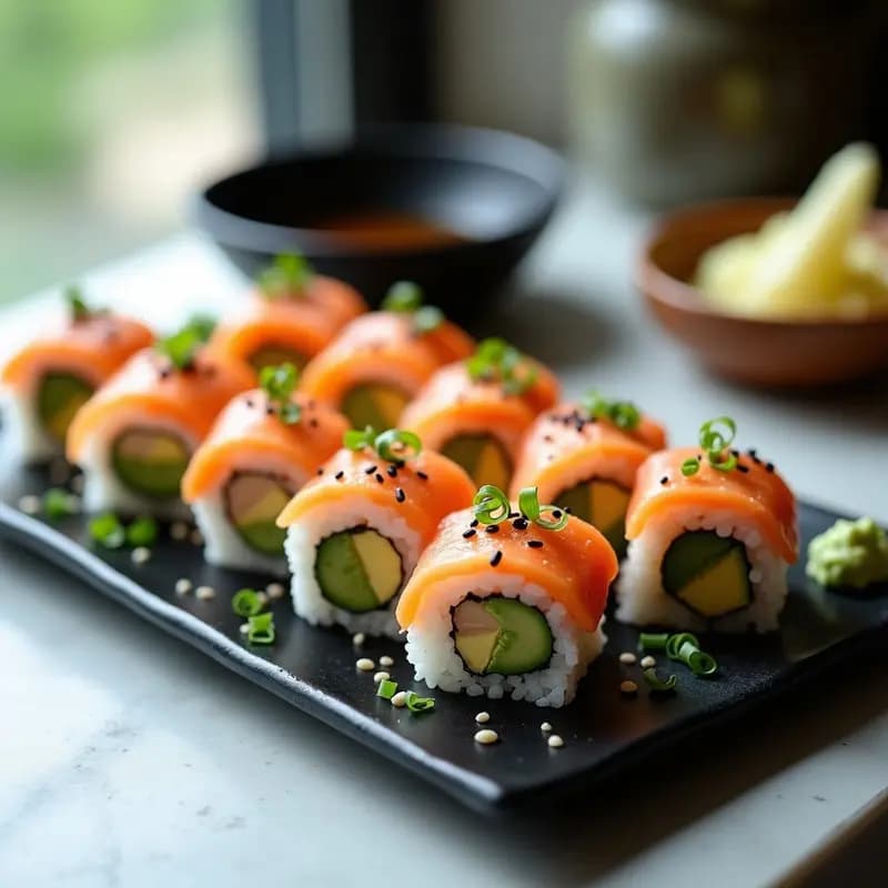 Plato de sushi fusión con rolls de mangostán y salmón ahumado, cortados en piezas perfectas, sobre una tabla de madera oscura. Se aprecian los cubos de mangostán amarillo pálido y las láminas rosadas de salmón ahumado en el interior, decorado con semillas de sésamo y cebollino. Acompañado de salsa de soja y jengibre en escabeche.