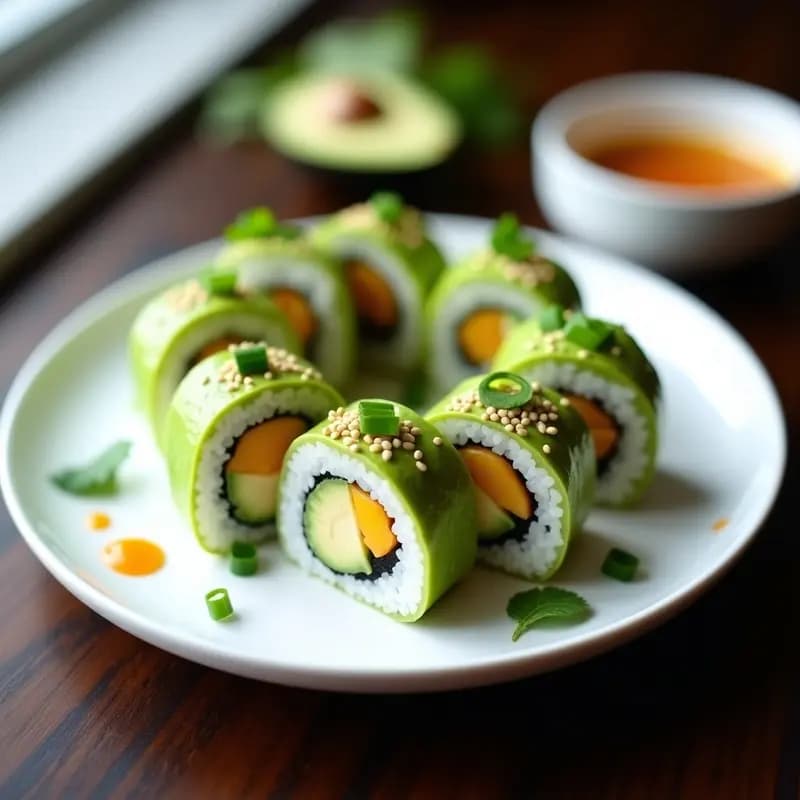 Plato blanco elegante con rollos de sushi de mangostino y aguacate cortados en piezas, mostrando el relleno morado y verde. Acompañado de salsa de tamarindo y semillas de sésamo espolvoreadas, con fondo de hojas de plátano.