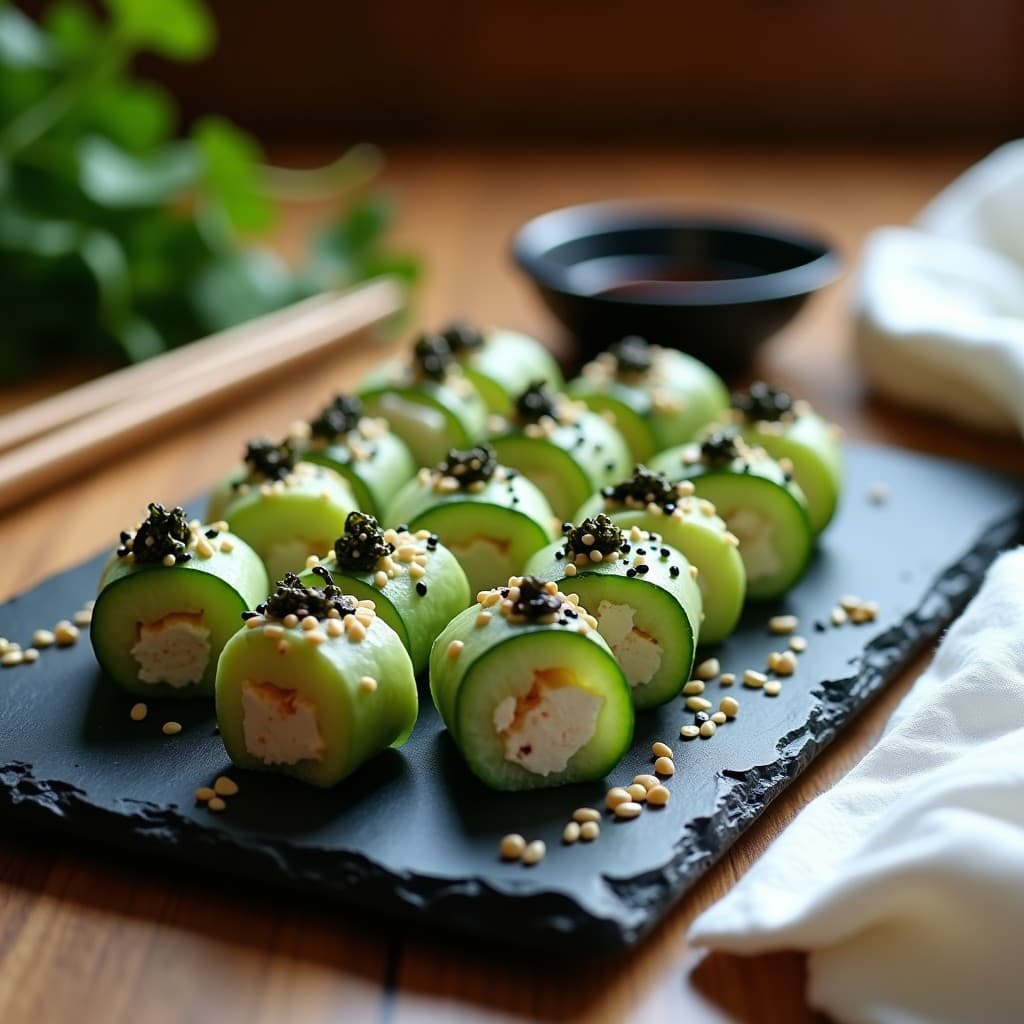 Plato de pizarra negro con sushi rolls de pepino y queso crema de anacardos cortados en porciones, decorados con caviar de algas, semillas de sésamo y un hilo de aceite de sésamo tostado. Acompañados de salsa de soja y palillos de madera, con fondo de hojas de cilantro.