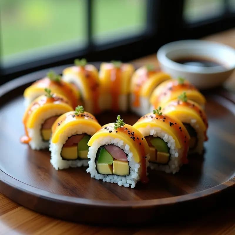 Rollos de sushi fusion hawaiano-español cortados en piezas, mostrando capas de arroz brillante, piña amarilla, jamón serrano rosado y aguacate verde. Acompañados de salsa de soja y semillas de sésamo espolvoreadas, sobre una tabla de madera oscura.