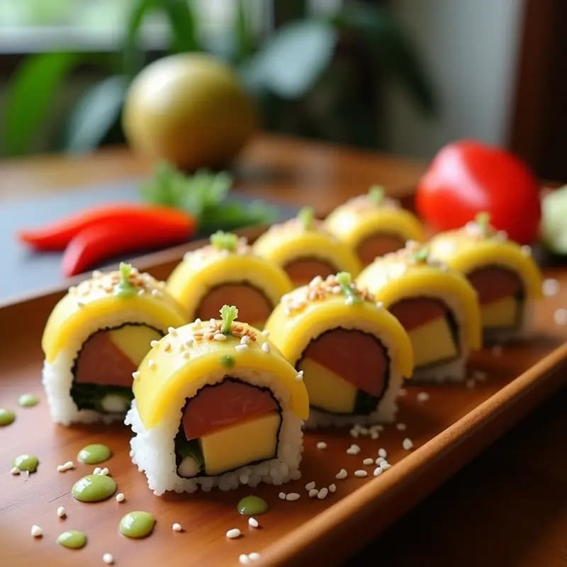 Plato de sushi fusion hawaiano-español con base de arroz para sushi, cubos de piña fresca, taquitos de jamón serrano y pepino, decorado con semillas de sésamo negro y acompañado de vinagreta de wasabi y jengibre encurtido.