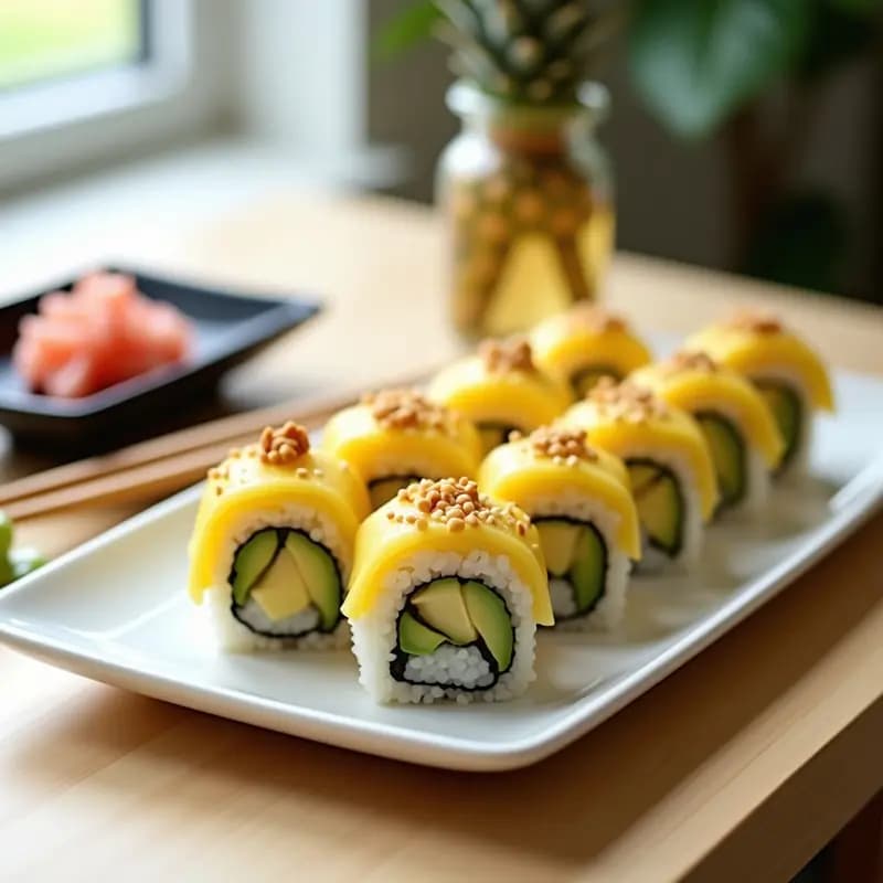 Plato blanco con rollos de sushi de piña y jengibre con cangrejo imitación, cortados en porciones, servidos con salsa de soja, wasabi y rodajas de limón, receta fusion japonesa y tropical.
