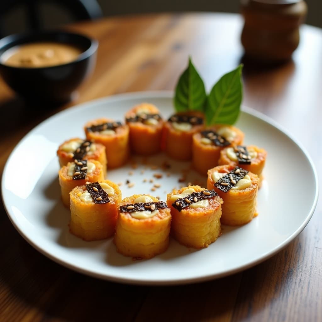 Plato blanco con sushi de plátano macho y cacahuete crujiente en Airfryer, decorado con tiras de alga nori y semillas de sésamo, sobre fondo de madera rústica.