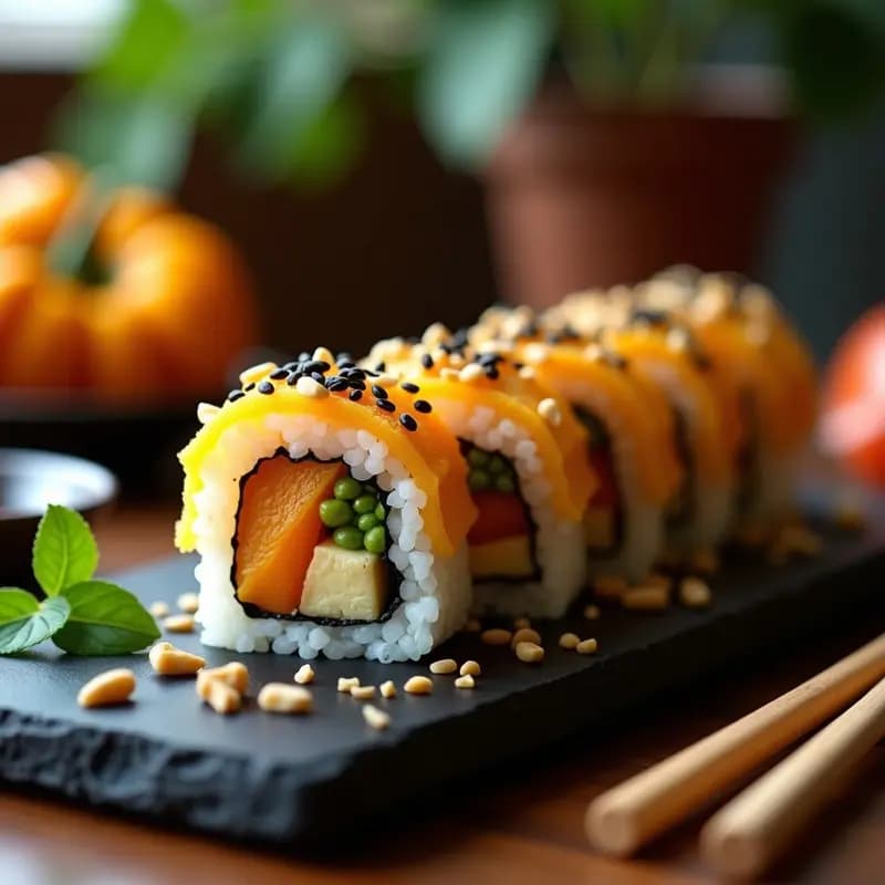 Rollos de sushi vegano sin arroz rellenos de plátano macho marinado y tempura de calabaza dorada, espolvoreados con semillas de sésamo negro y cacahuetes picados, servidos en una tabla de madera oscura con salsa de soja.