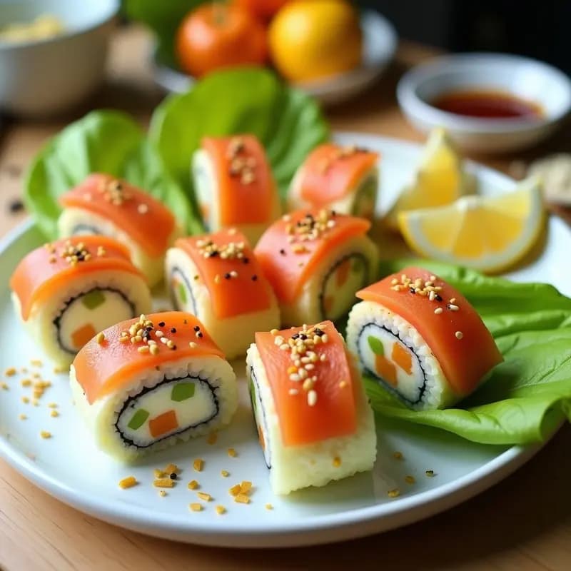 Plato blanco con rollos de sushi vegano Fahrer sin algas, rellenos de queso crema cítrico y láminas de zanahoria marinada como salmón ahumado, decorados con semillas de sésamo y ralladura de naranja. Acompañados de salsa de soja y rodajas de limón.