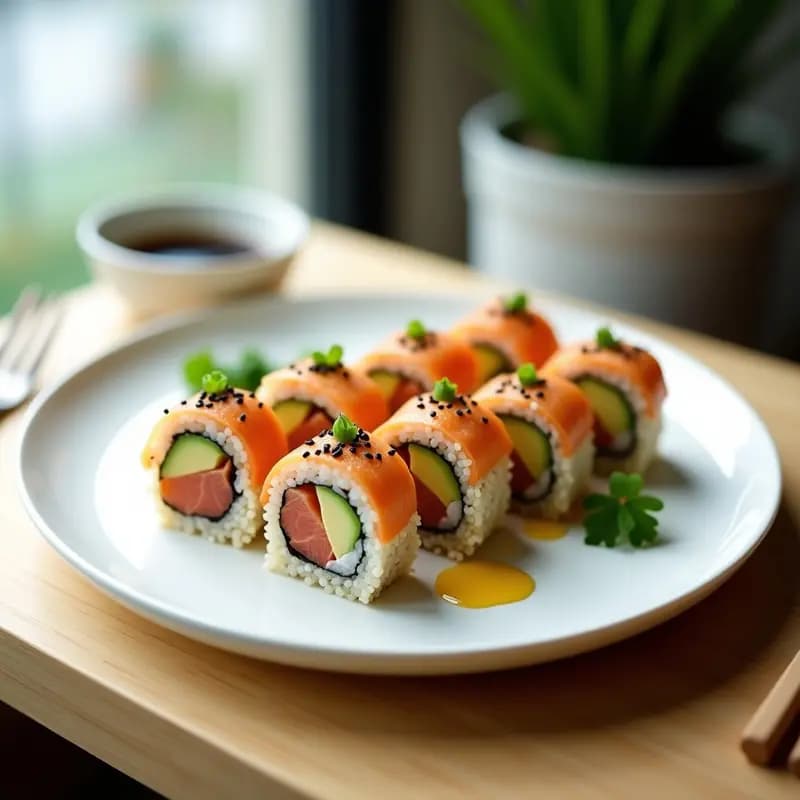 Plato blanco con rollos de sushi de quinoa y salmón ahumado cortados en porciones, mostrando capas de aguacate verde y salmón rosado. Acompañados de vinagreta dorada y semillas de sésamo negro, sobre fondo de madera clara. Receta de fusión japonesa alta en proteína.