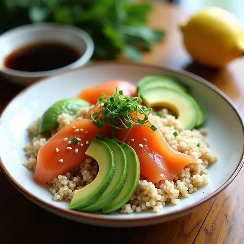 Plato de sushi de quinoa y salmón ahumado sin arroz, con rollos perfectamente cortados mostrando capas de quinoa, salmón, aguacate y pepino, acompañado de vinagreta de limón y semillas de sésamo.