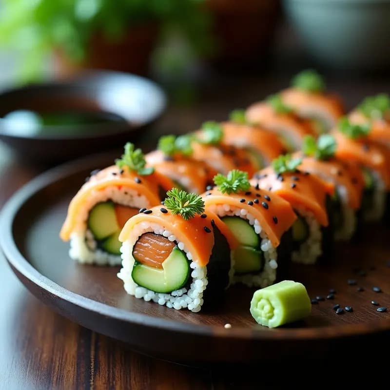 Rollos de sushi vegano y sin gluten con quinoa brillante, láminas de zanahoria naranja marinada (salmón ahumado vegano), aguacate cremoso y pepino fresco, espolvoreados con semillas de sésamo negro sobre una tabla de madera oscura. Receta de sushi de quinoa y salmón ahumado vegano.