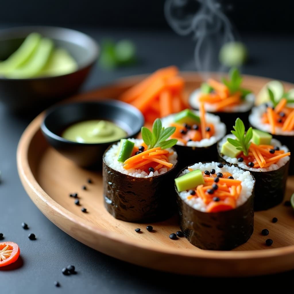 Rollos de sushi vegano sin arroz con láminas de remolacha rosa, aguacate cremoso y pepino, envueltos en alga nori negra. Servidos en plato de madera con semillas de sésamo negro espolvoreadas, salsa de soja y wasabi al lado. Receta de sushi de remolacha y aguacate con toque japonés.