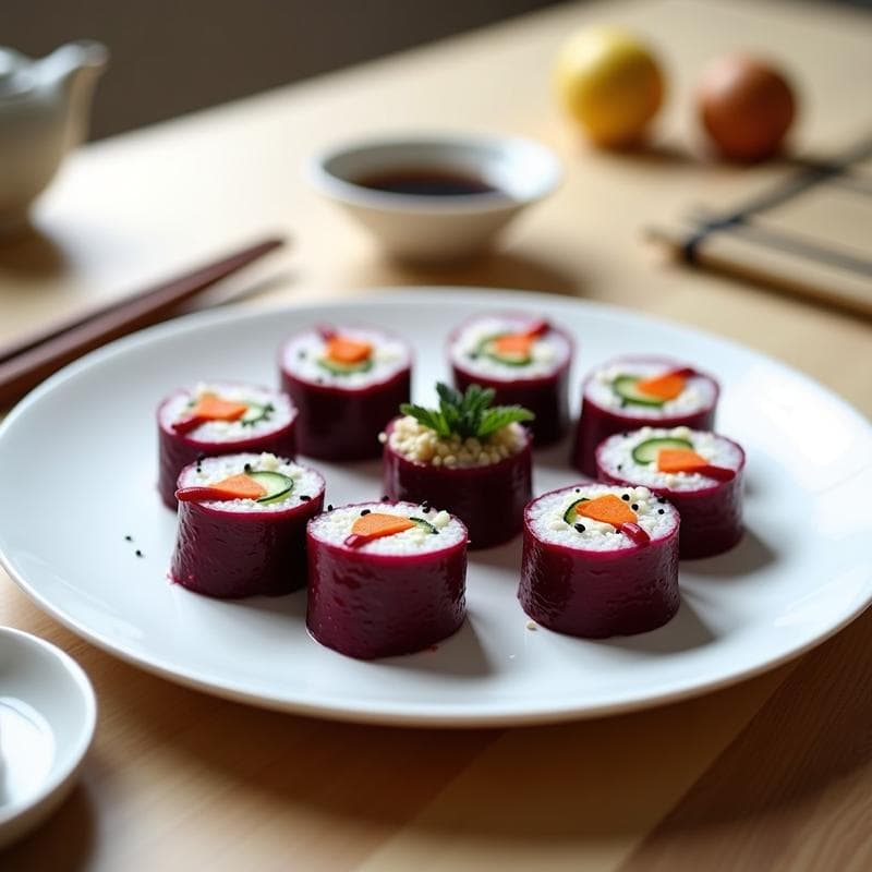 Plato blanco con rollos de sushi crudivegano sin arroz, hechos con láminas de remolacha morada rellenas de queso cremoso de anacardo, pepino y zanahoria, decorados con semillas de sésamo y alga nori, servidos con salsa de soja.