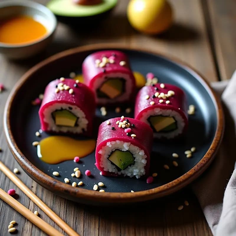 Rolls de sushi vegano con capas visibles de remolacha morada asada, queso crema de anacardos y aguacate, envueltos en nori tostado. Presentados en plato de madera con vinagreta de jengibre, semillas de sésamo negro y pimienta rosa. Receta de sushi de remolacha y queso de anacardos con vinagreta de jengibre.