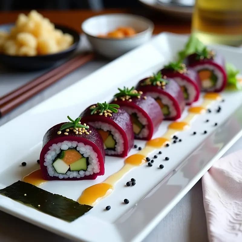 Plato de sushi vegano japonés con rollos de alga nori rellenos de remolacha asada, queso de cabra cremoso, pepino y aguacate, servidos con vinagreta de sésamo tostado y decorados con semillas de sésamo y zanahoria morada rallada.