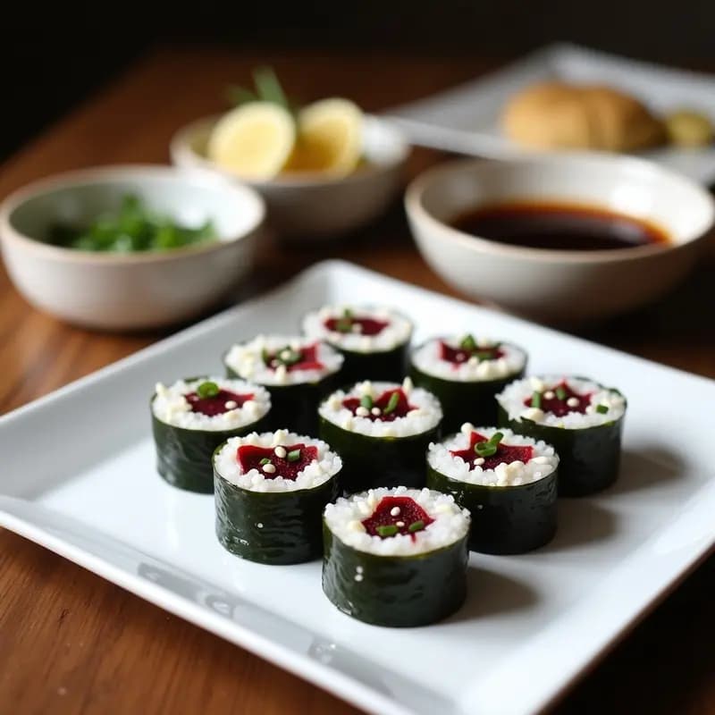 Plato de sushi de remolacha y queso de cabra con vinagreta de soja y jengibre, rollos cortados en porciones sobre una tabla de madera oscura, decorados con semillas de sésamo negro y cebollino, con un cuenco pequeño de vinagreta al lado.