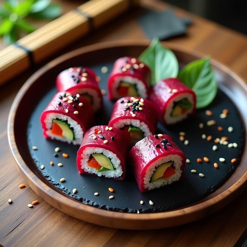 Plato rectangular de madera con 6 piezas de sushi vegano sin gluten, rellenas de remolacha morada, queso de cajú cremoso, aguacate y pimiento rojo, decoradas con semillas de sésamo negro y blanco. Fondos de alga nori y esterilla de bambú al lado.